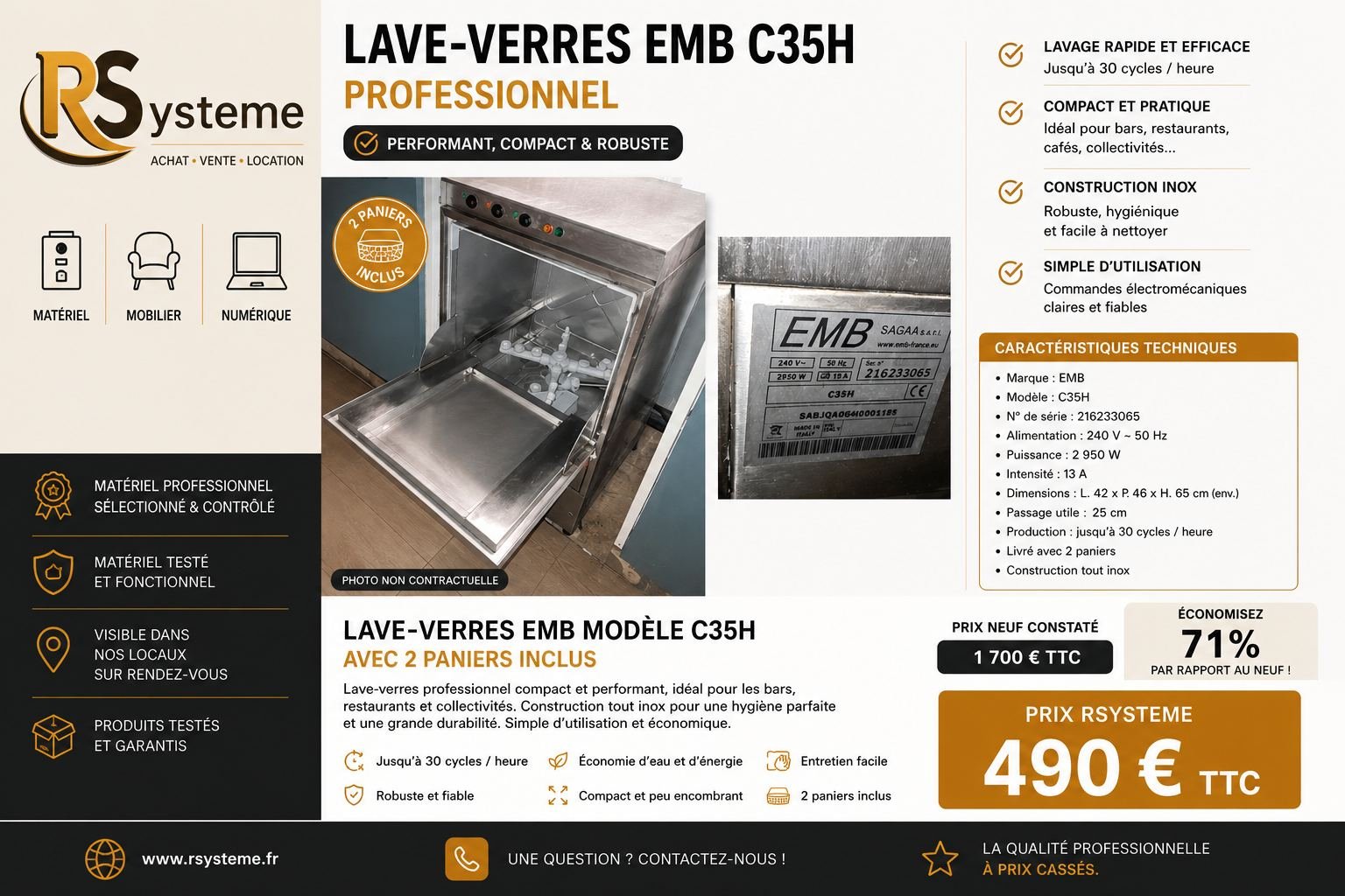 Lave-verres EMB modèle C35H n° 216233065 avec 2 paniers