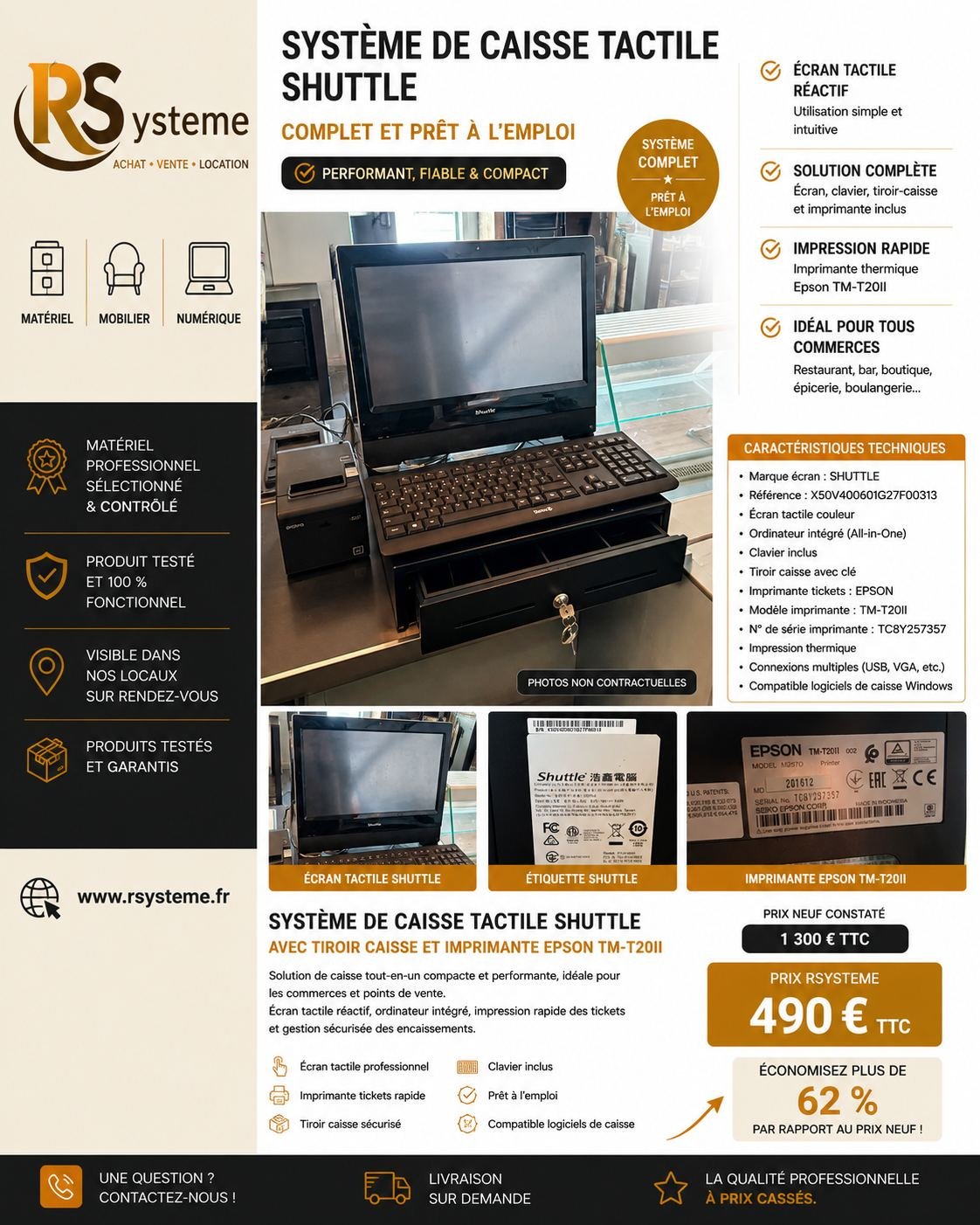 Système de caisse tactile SHUTTLE avec tiroir-caisse + imprimante EPSON TM-T20II